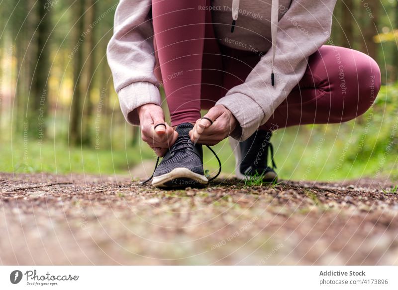 Anonymous sporty woman tying shoelaces in forest tie sportswoman sneakers training woods footwear athlete fit female activewear fitness workout wellness break