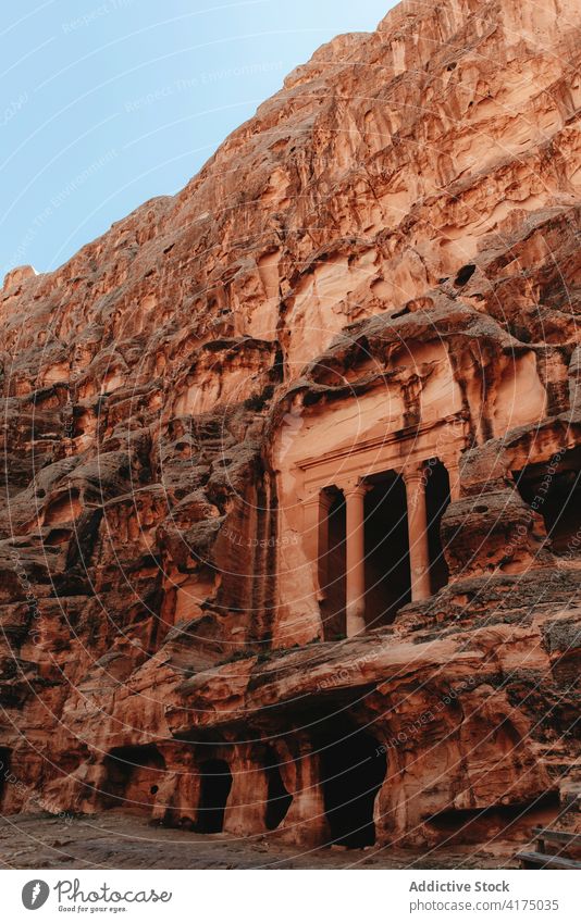 Ancient temple carved in sandstone rock the treasury al khazneh landmark architecture ancient historic heritage petra jordan old spectacular rough aged majestic