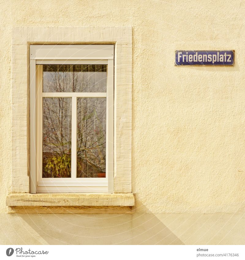 old, purple-blue, enamelled street sign " Friedensplatz " on a beige-coloured house wall next to a white window with stone cornice and green plants behind the glass pane, in which a tree is also reflected / street name