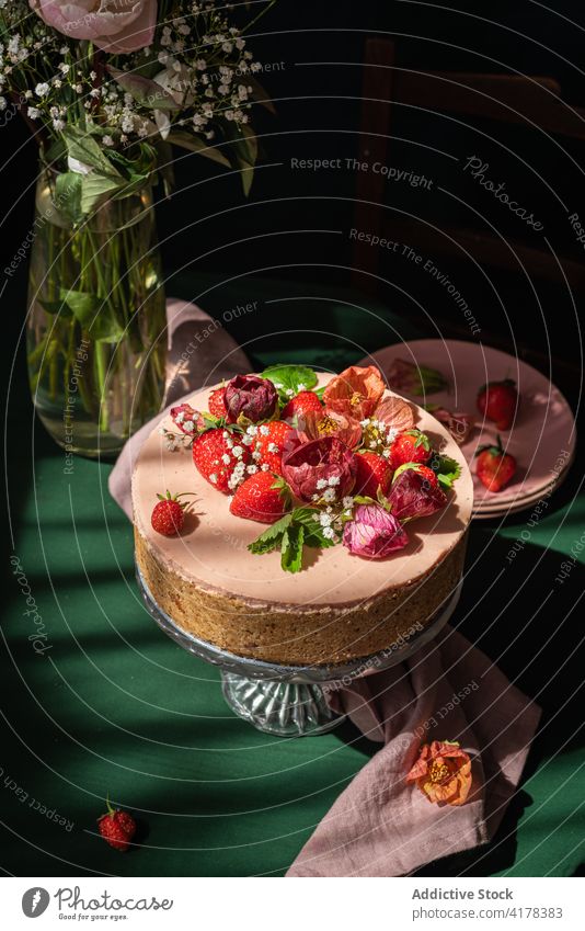Rustic cake and bouquet of flowers on table rustic dessert food sweet pastry confectionery homemade strawberry decoration delectable delicious yummy delicacy