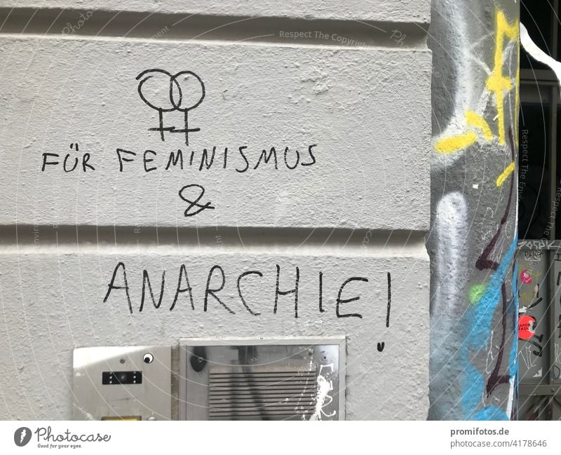 Grafitti: For feminism and anarchy! Graffiti Feminism Anarchy Wall (building) Colour photo Facade Characters Youth culture Daub Town Deserted Wall (barrier)