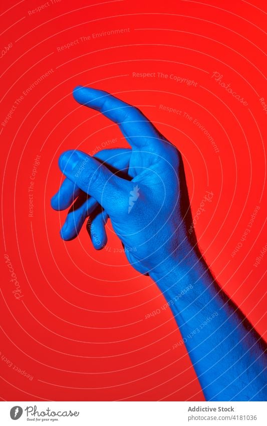 Man's hand pointing upwards person showing finger isolated man communications human index skin counting pop art red background gesture indication modern number