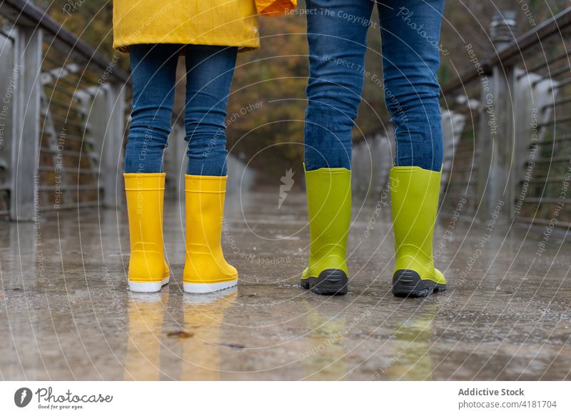 Kids in rubber boots standing on bridge during rain children autumn gumboots leg together kid weather park colorful fall nature season style bright vivid yellow