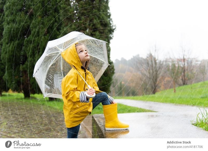 Cute child under umbrella on rainy day in autumn park yellow raincoat wet weather tranquil waterproof kid rubber boot humid fall style childhood season nature