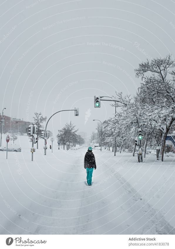 Unrecognizable person walking on snowy road in winter suburb cold traffic light stroll warm clothes season path frost wintertime outerwear leafless parked