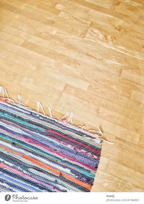 Fleckerl carpet with fringe finish on maple parquet flooring Carpet Parquet floor guard sb./sth. Fringe variegated Living or residing Flat (apartment)