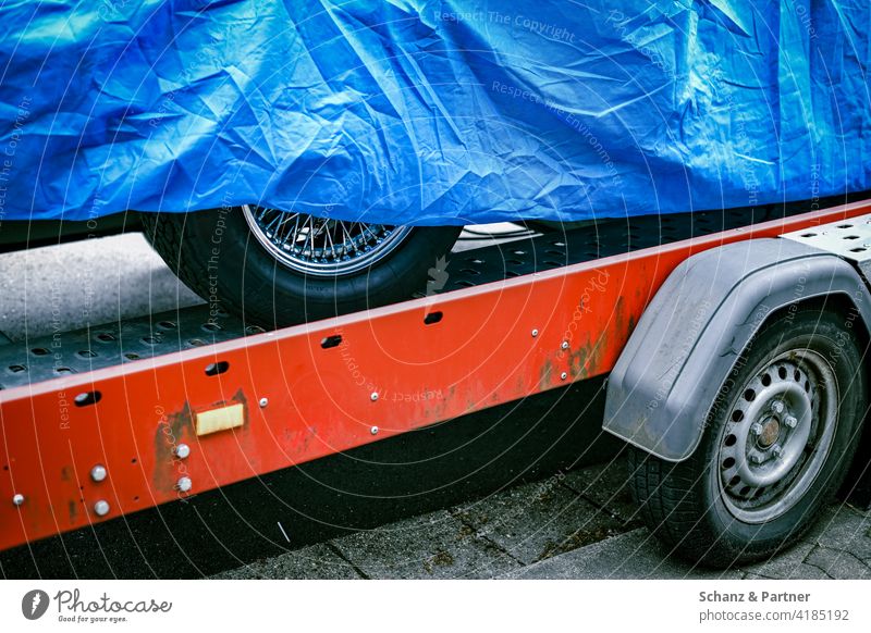 Vintage car under blue tarpaulin on a trailer Midlife Crisis hobby covered Concealed shrouded Trailer chrome rims Car trailer Spoked rims Cabriolet