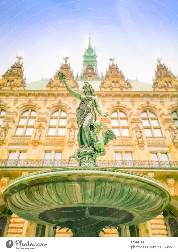 Hygieia fountain in the courtyard of the Hamburg city hall Well Statue Monument Art Landmark Sculpture Exterior shot Tourist Attraction Historic Colour photo