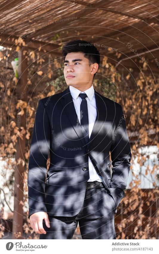 Asian businessman standing in street serious costume well dressed respectable entrepreneur classy shadow sunny male asian ethnic suit formal confident city