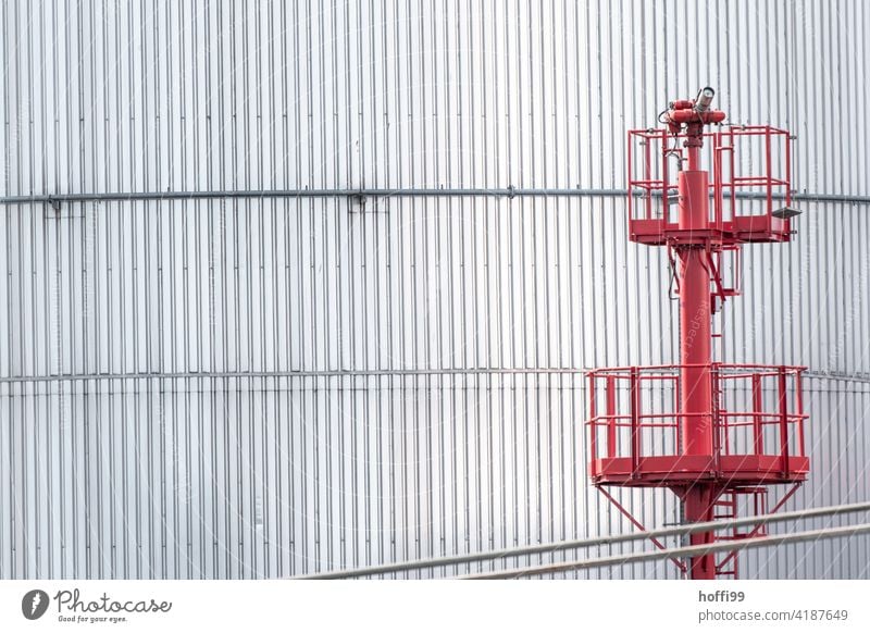 Tank farm with red stairs in the harbour port facility Stairs Red Energy industry Harbour Storage Gasometer Fuel Industrial plant Oil tank Gas tank Banister
