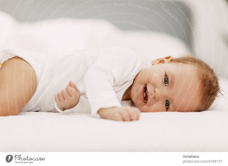 A blue-eyed baby lies in a snow-white bed under a blanket, laughs and indulges family fun sitting toy child healthy home snow white interior sleep newborn boy