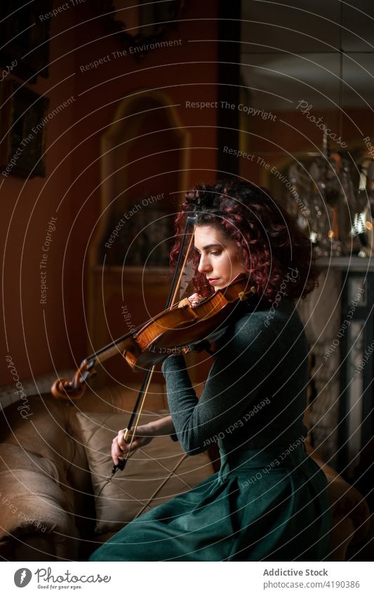 Talented violinist playing in room woman musician classic armchair rehearsal instrument vintage talent female melody sound art focus inspiration lady