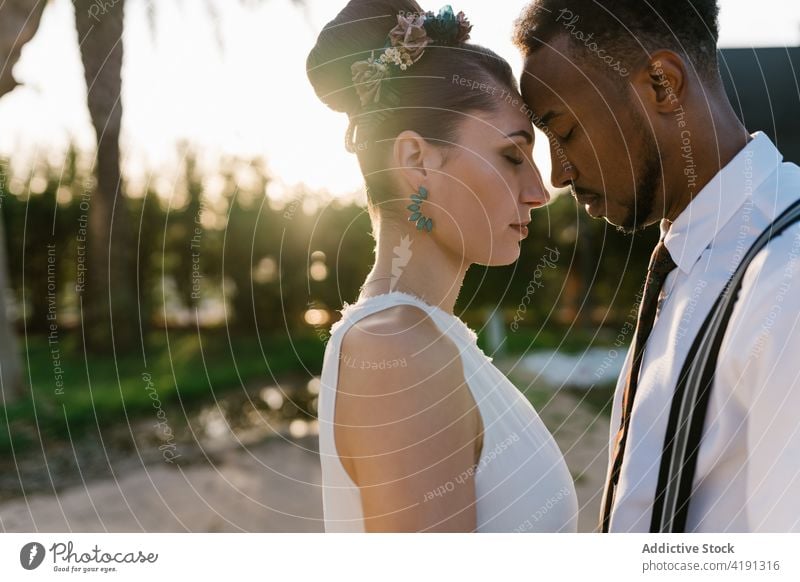 Tender newlywed couple at sunset in garden tender wedding together relationship face to face gentle touch multiethnic diverse multiracial black african american