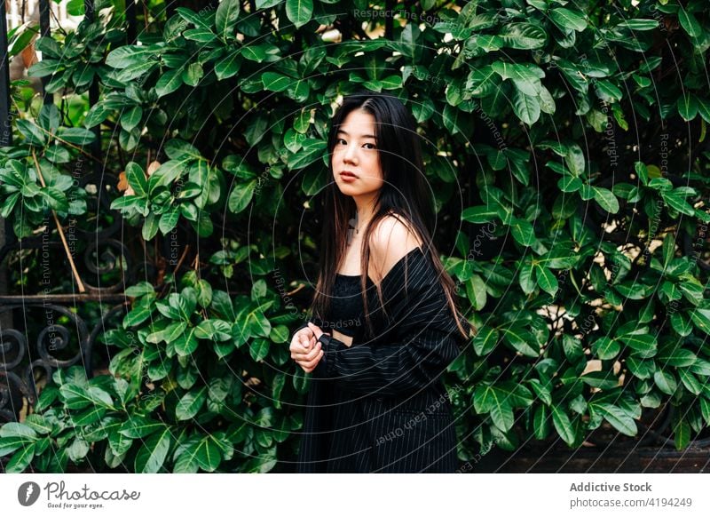 Long hair brunette Asian woman looking at camera with a garden behind her japanese asian young female model chinese style attractive lady street modern stylish