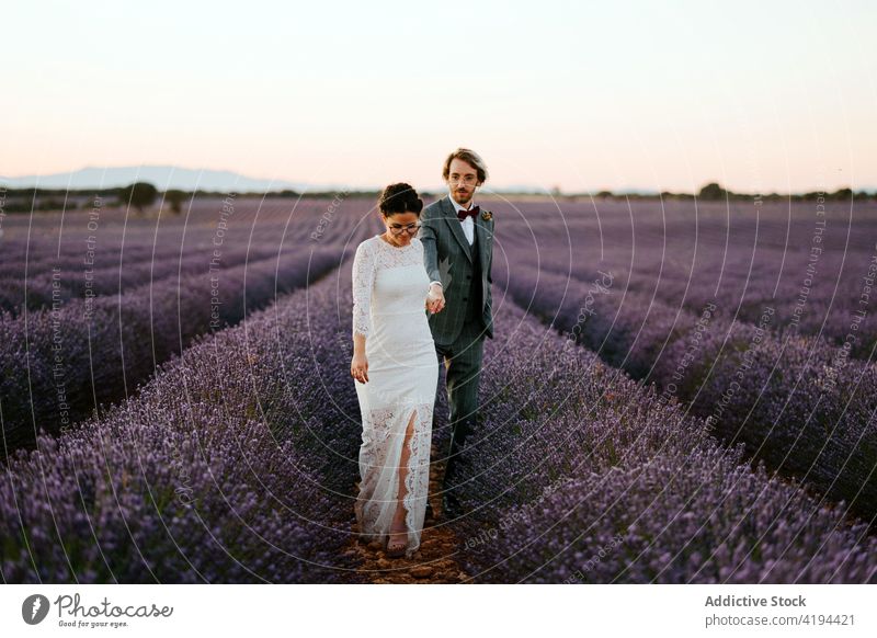 Couple of newlyweds walking in lavender field couple wedding bride groom romantic holding hands white dress suit smile nature content elegant fancy gown tender