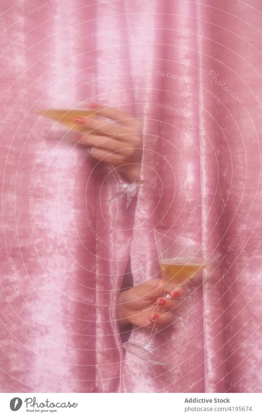 Crop woman with glasses of champagne through velvet fabric hole alcoholic drink beverage celebrate festive curtain transparent occasion event translucent