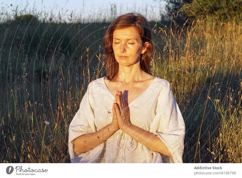 Tranquil woman meditating in field in summer meditate nature yoga practice tranquil mindfulness spirit female dress prayer gesture serene harmony peaceful