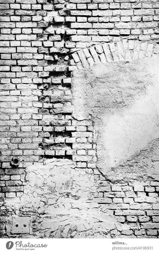 more courage to fill in the gaps Brick construction Wall (barrier) house wall brick Facade Gloomy White Derelict Broken Plaster Decline Wall (building)