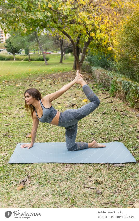 Slender woman doing yoga in Crescent Lunge on the Knee pose flexible practice asana harmony park mat stretch female healthy sportswear peaceful calm relax