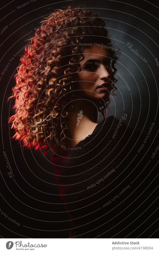 Woman with curly hair in dark studio woman appearance beauty serene natural hairstyle charming female tranquil model unemotional brown hair feminine gorgeous
