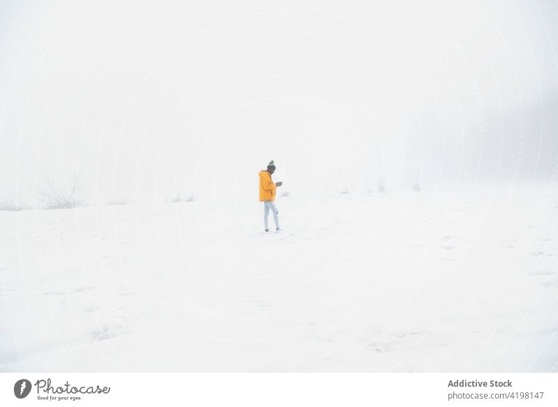Black man standing in snowy valley in haze winter cold natural environment white wildlife male wintertime frozen freeze scenery silent frost quiet solitude