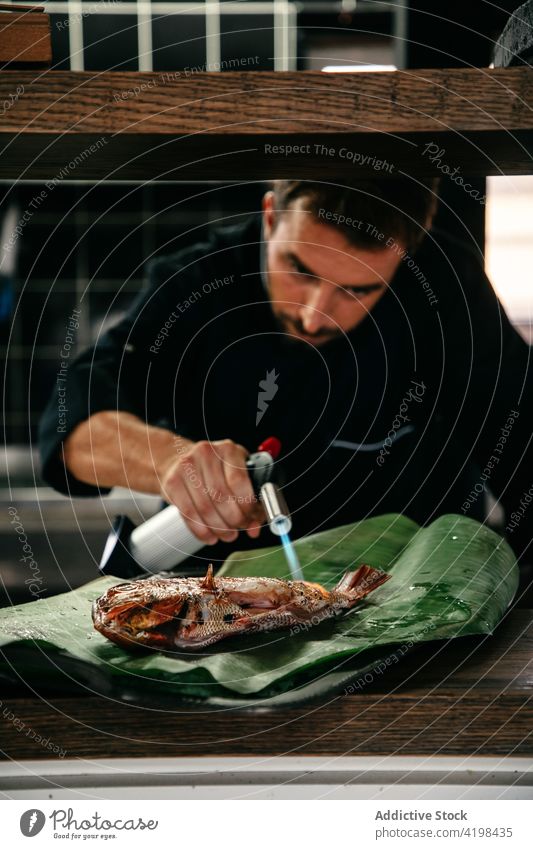 Cook preparing seafood on leaf of palm man chef gas torch fish burn culinary hot male cook meal delicious gourmet dish work fried prepare cuisine kitchen