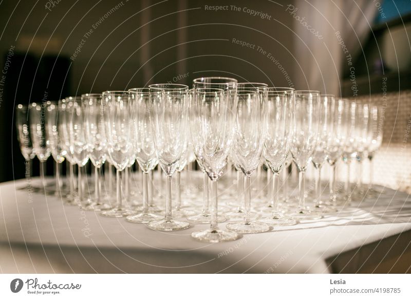 Beautiful glasses. Many Restaurant Glass dishes Transparent Thin Crystal glass on a leg Buffet wedding utensils wedding mood wedding interior glassware cosiness