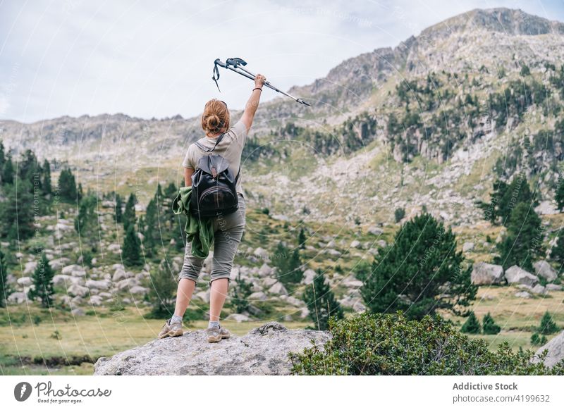 Unrecognizable woman raising hand with walking poles in picturesque highlands pole walking hand raised freedom excited trekking achieve vitality win mountaineer