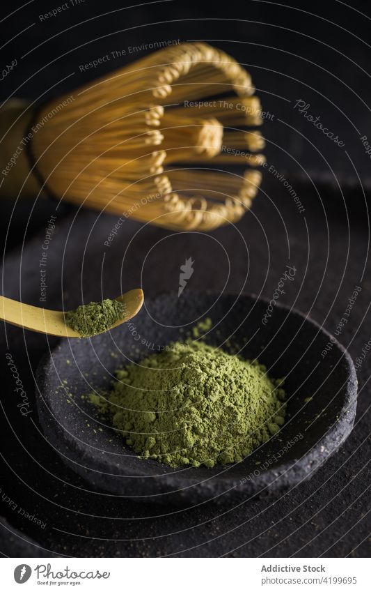Plate with aromatic matcha and tea whisk powder dried stone plate spoon teatime flavor natural oriental eastern herbal tableware ceremony flavoring authentic