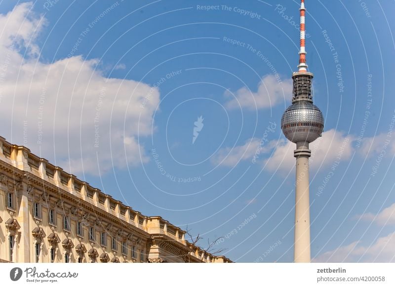 TV tower and some Hohenzollern castle alex Alexanderplatz Architecture Berlin city Germany Television tower Worm's-eye view radio and ukw tower Capital city