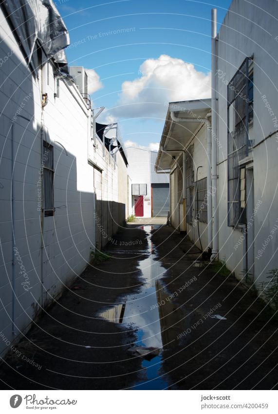 unassuming cul-de-sac Alley Narrow Puddle Lanes & trails Clouds in the sky Reflection Shadow Authentic Sunlight Gloomy Cairns Australia Vanishing point