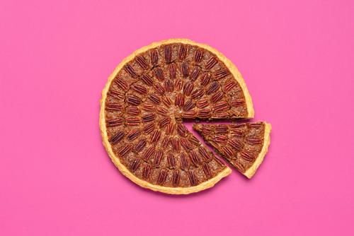Pecan pie above view, isolated on a pink background. american autumn baked brown business cake chart christmas color copy space corn syrup crust cuisine cut out