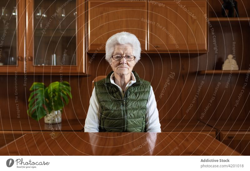 Elderly woman at table against cupboard at home pensioner serious reflection eyeglasses house domestic portrait plant natural desk wooden vegetate material