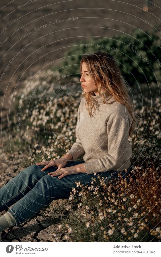 Thoughtful woman sitting in spring field contemplate thoughtful calm traveler nature pensive rest relax environment female young alone countryside lifestyle