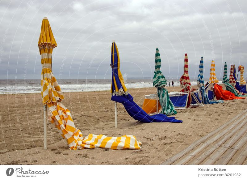 sunshades on the beach of trouville Sunshade parasols Umbrellas Umbrellas & Shades Striped Closed Beach Sandy beach Empty Lonely forsake sb./sth. deckchairs