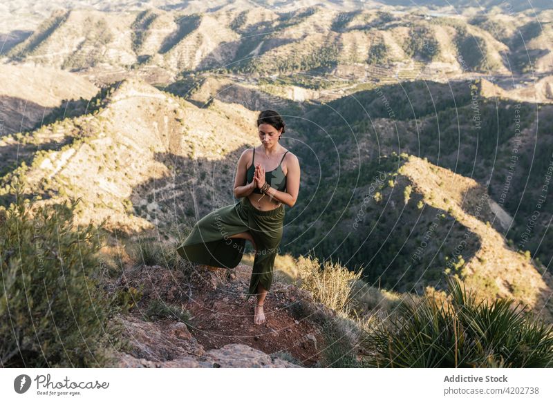 Woman performing Vrksasana on hilltop woman yoga tree pose recreation prayer hands meditate eyes closed nature flexible confident mountain vrksasana female