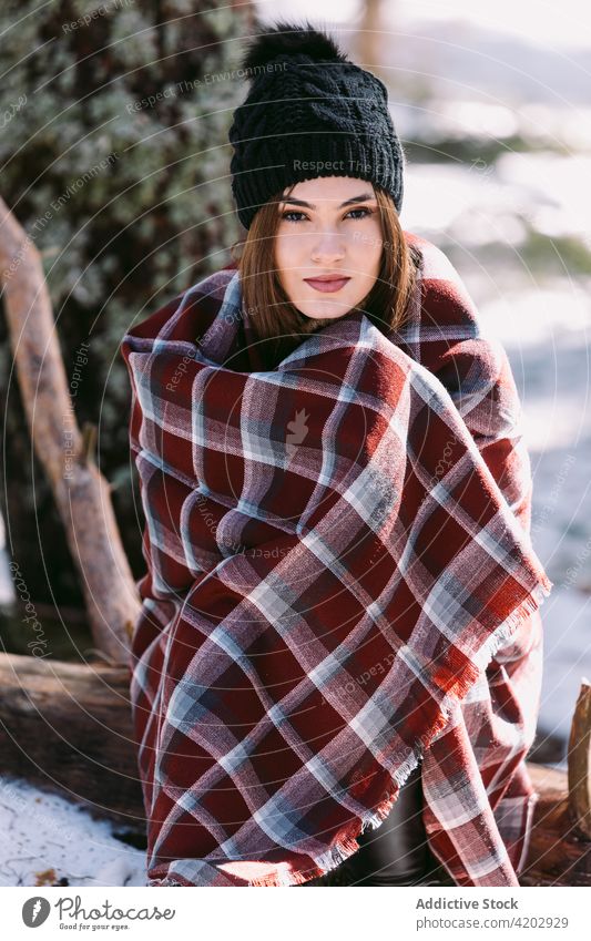 Smiling woman wrapped in blanket standing in winter forest plaid woods snow season smile female content cold young enjoy tree cheerful happy holiday nature lady