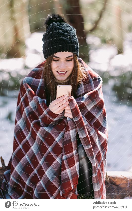 Smiling woman using smartphone in woods in winter browsing forest wrap plaid snow sunny cheerful female gadget tree device trunk warm social media smile