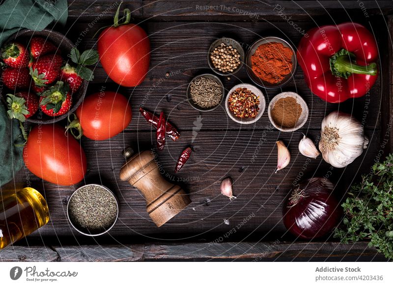 Ingredients for tomato and strawberry soup on table ingredient recipe set spice various culinary food fresh natural vegetable cuisine meal kitchen cook organic