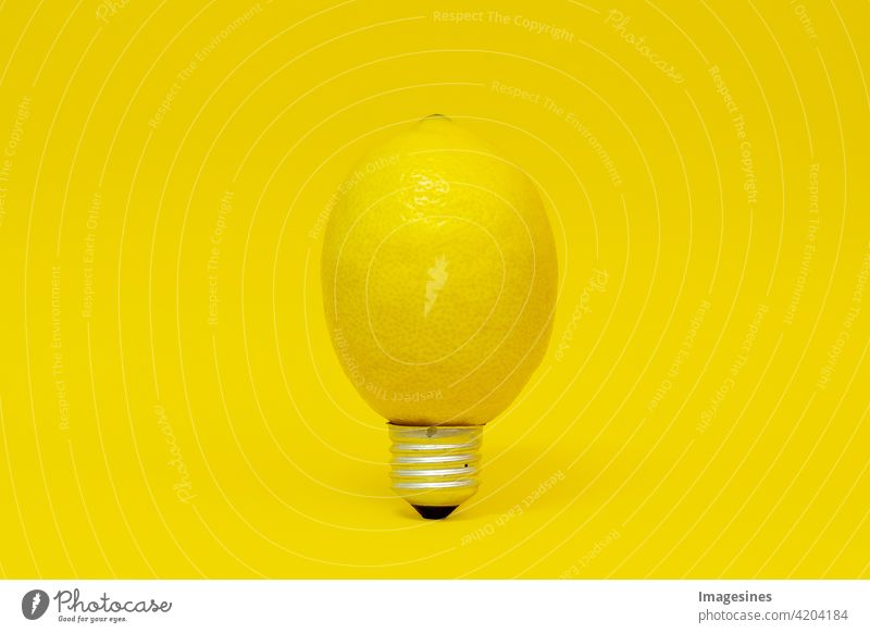 Ripe electric lemon creatively concept Food Healthy Diet Lemon Fruit shape Electric bulb eco Yellow background Bright Onion citrus Kitchen Design Nutrition