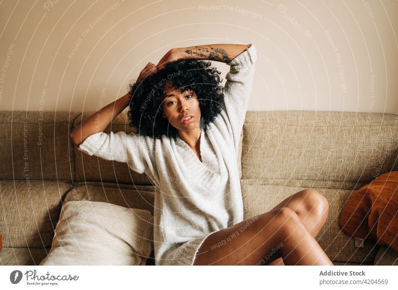 Serene black woman sitting on sofa and looking at camera home afro hairstyle domestic serene lean on hand weekend calm female ethnic african american couch