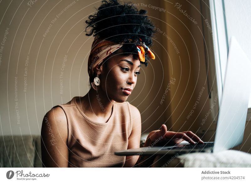 Black female freelancer working on laptop at home woman typing remote project browsing using ethnic black african american sofa netbook surfing sit internet job