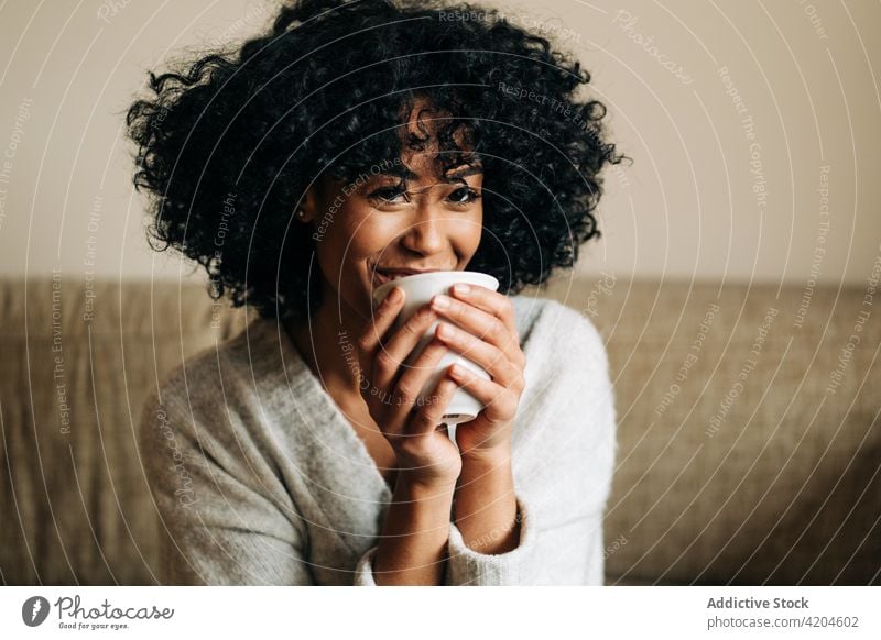 Happy black woman sitting on sofa and looking at camera home cheerful afro hairstyle serene calm female happy ethnic african american glad couch curly hair