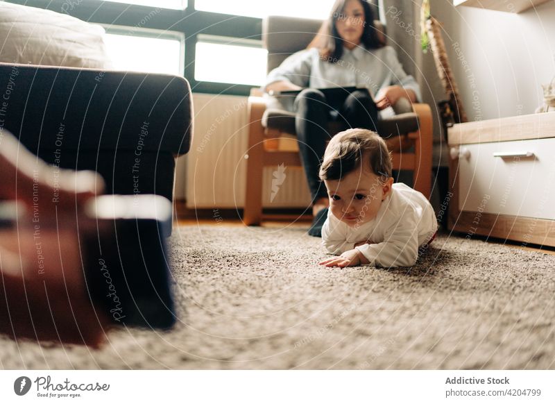 Baby crawling on floor near parent showing cartoon on smartphone baby cute watch living room kid sweet connection device carpet play infant childcare pastime