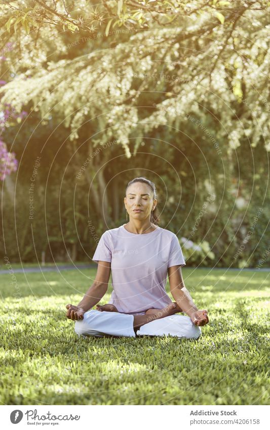 Woman sitting on lotus pose in park woman yoga meditate practice namaste flexible eyes closed wellbeing mudra happy vitality healthy lifestyle padmasana energy