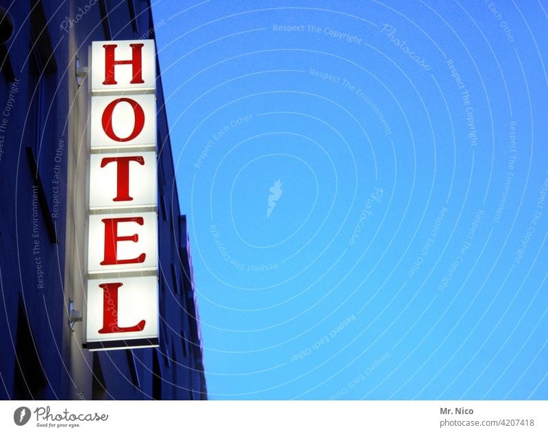HOTEL Signage Hotel Vacation & Travel Tourism Characters Signs and labeling Blue sky Red Hostel Neon light Advertising Accommodation overnight Business trip