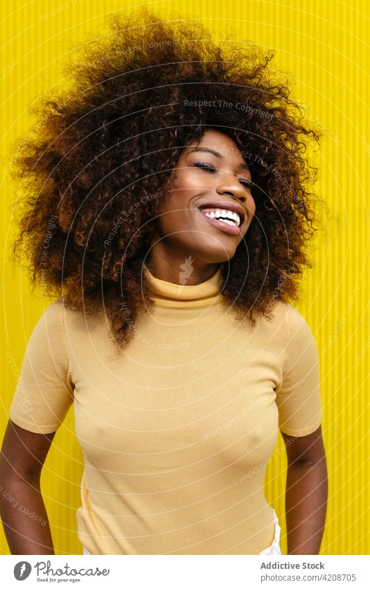 Glad trendy black woman laughing on yellow background cheerful afro hairstyle charming enjoy candid colorful portrait glad content happy bright smile gentle