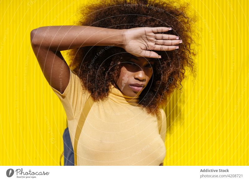 Trendy black woman standing on yellow background afro hairstyle colorful portrait bright african american ethnic trendy charismatic curly hair casual feminine