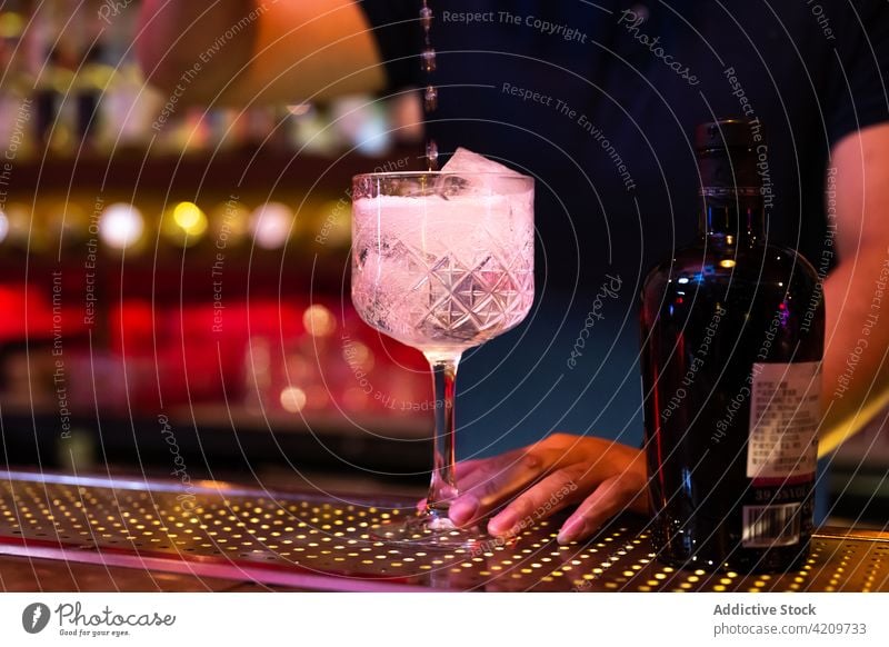 Young Asian bartender pouring tonic water to the glass for preparing a gin tonic cocktail in the bar alcohol alcoholic aperitif barista barman beverage bottle