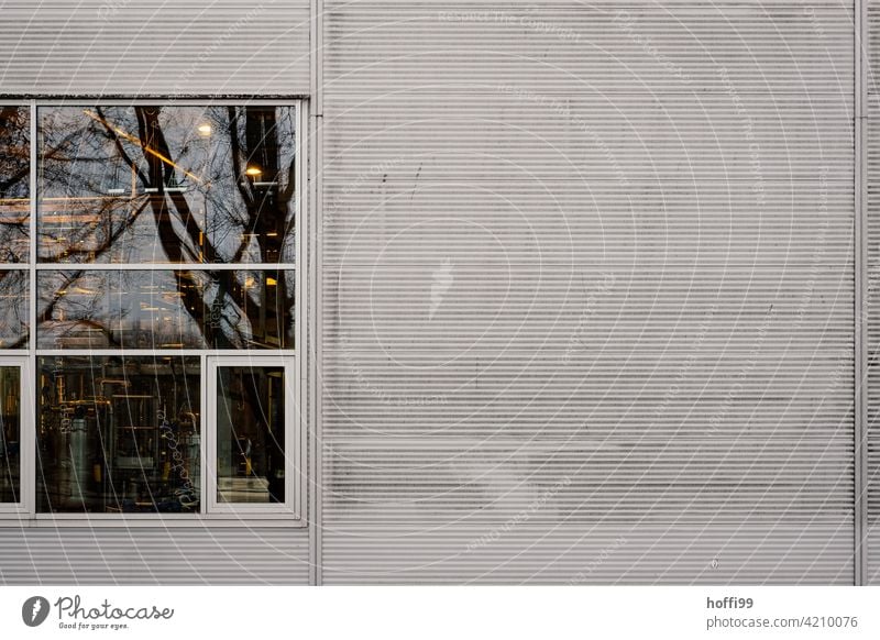reflecting windows of a grey corrugated metal wall Gray Window pane metal facade Corrugated sheet iron corrugated sheet metal facade minimalism